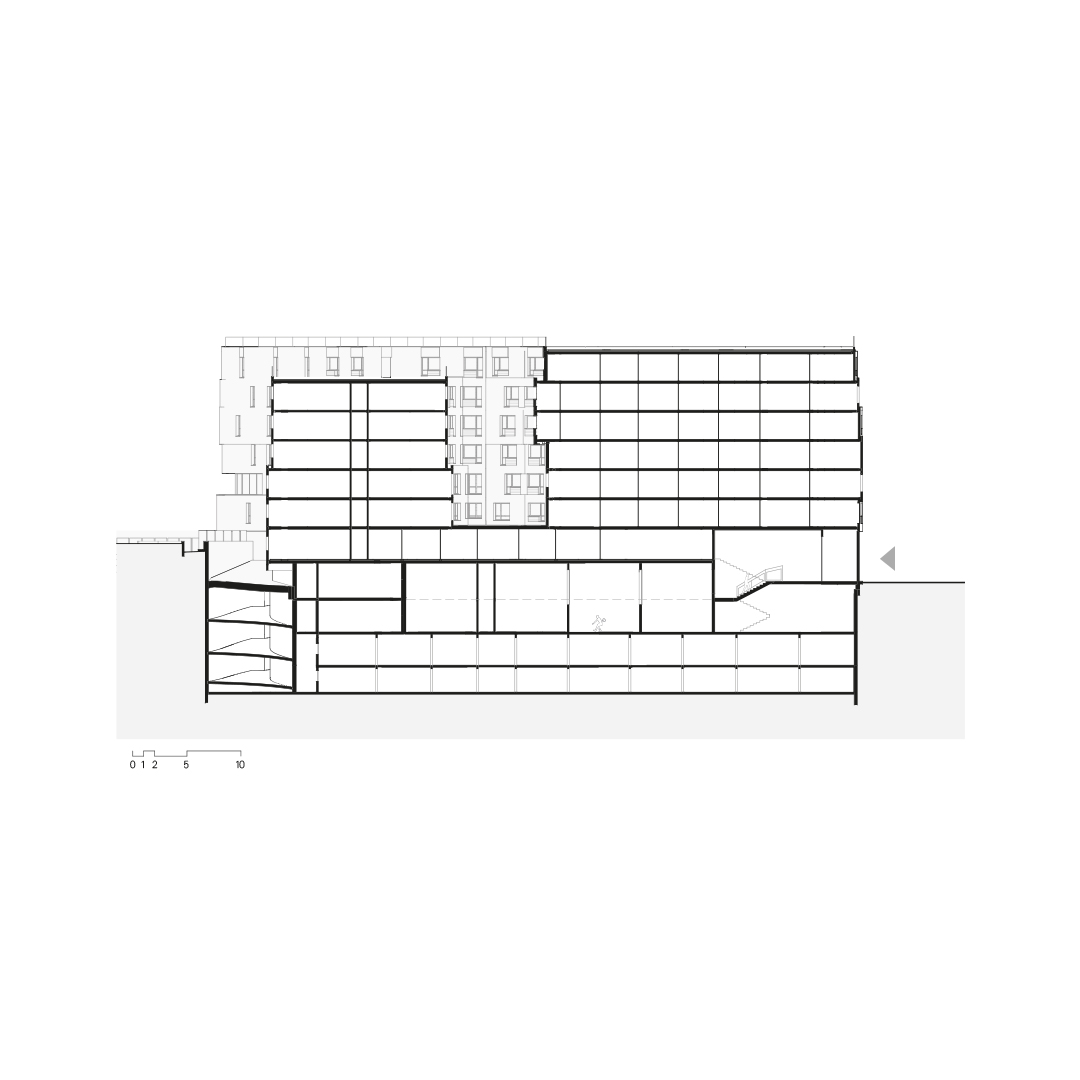 Coupe longitudinale d'un bâtiment de 10 niveaux dont des terrains de squash double hauteur au sous-sol et une entrée double hauteur